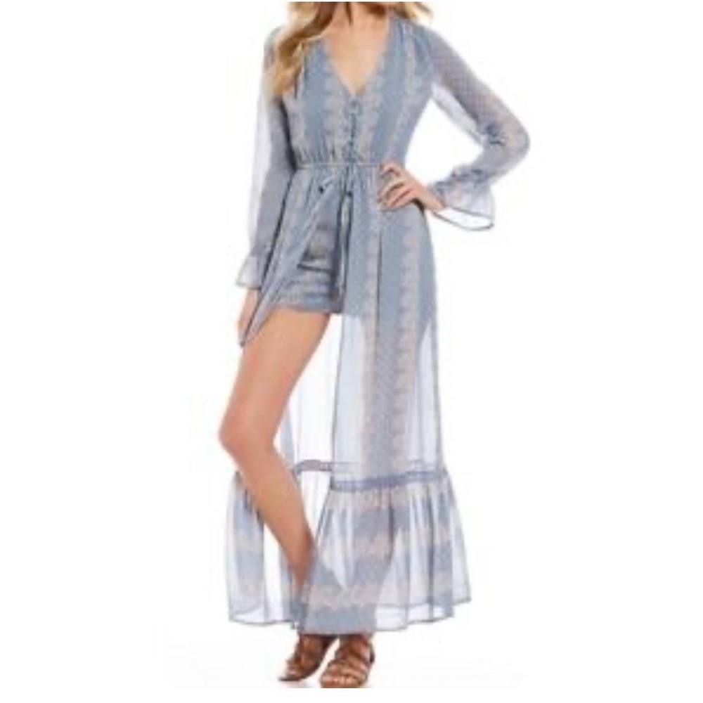 Chelsea & Violet Skirted Romper Maxi Dress Ruffle Sz S Blue Pink‎ Boho Western